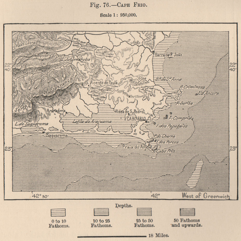 Cape/Cabo Frio. Rio de Janeiro, Brazil. Paraiba basin 1885 old antique map